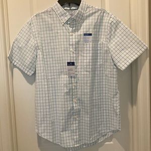NWT Large Men’s Short Sleeve Button Down Shirt White W/ Blue Green Check Pattern